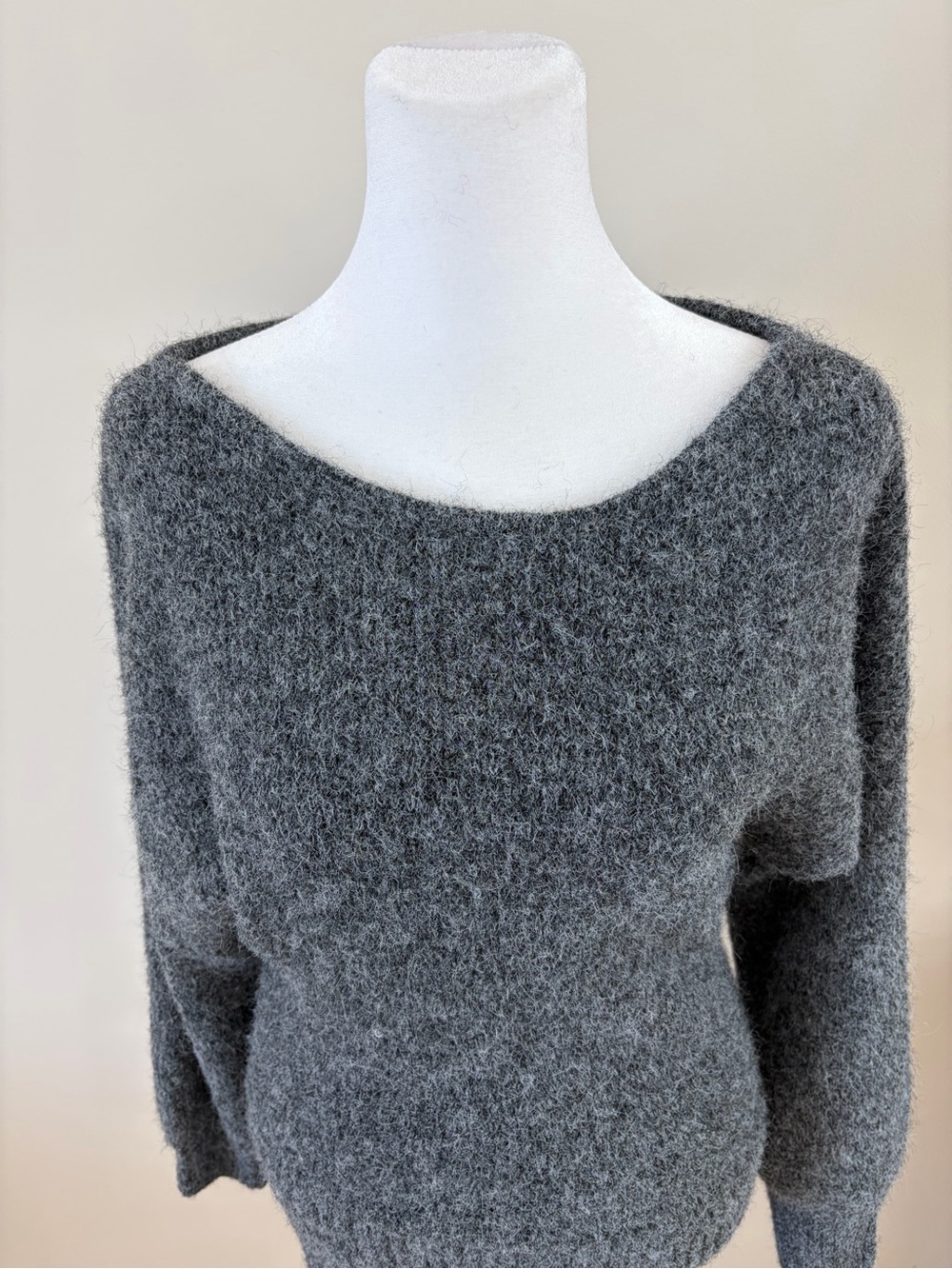 Meshki Heather Gray Off-the-Shoulder Fuzzy Sweater